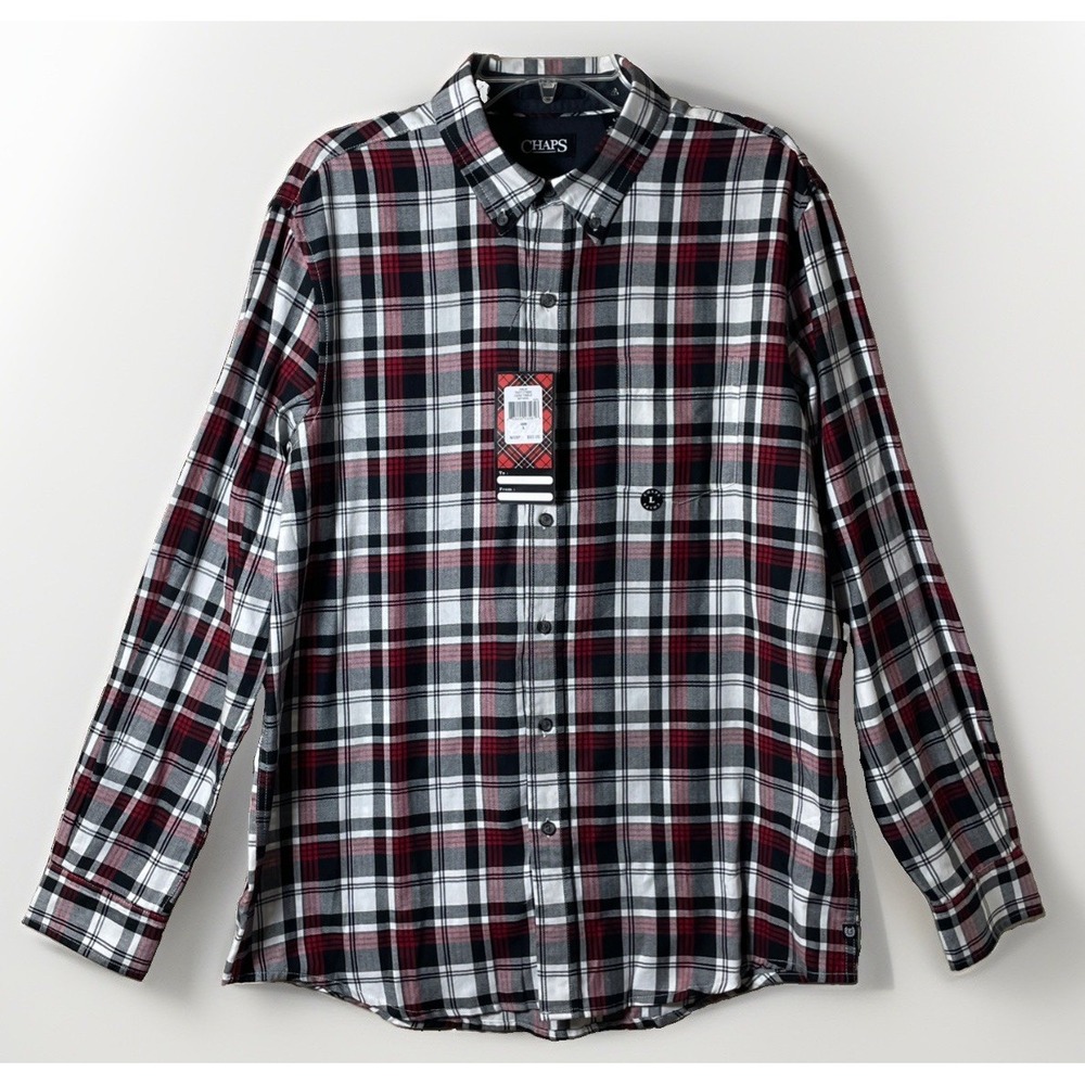 Chaps Button Down Long Sleeve Plaid BLACK RED WHITE Cotton Blend Men's Large NWT